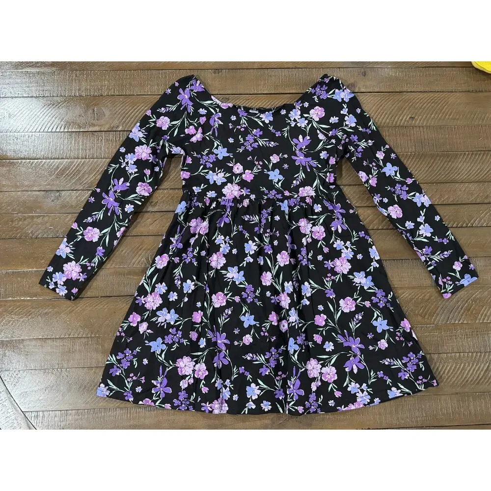 The Children's Place Girls Floral Everyday Dress Black/Purple LARGE (10-12) - Picture 2 of 7